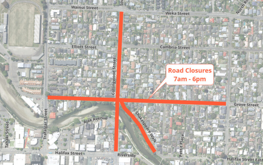 Map Road Closure Collingwood Street Grove Street Roundabout Fulton Hogan 6 Jan 2025 