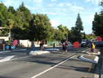 A kea crossing outside a school in operation.  