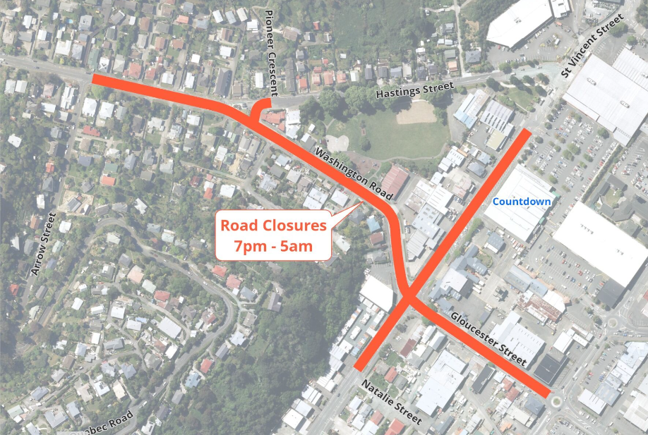 Map Road Closure Washington Road St Vincent Stret Roundabout Fulton Hogan 9 Feb 2025 